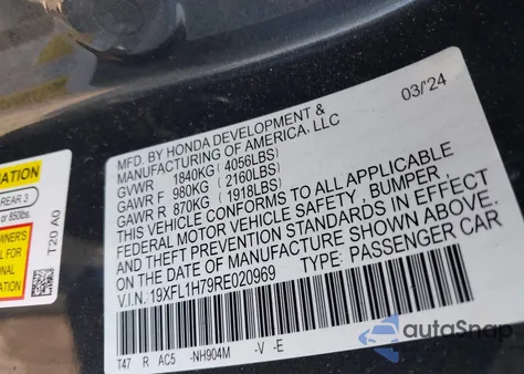 2024 Honda Civic Ex-L из США, поврежденный, VIN 19XFL1H79RE020969